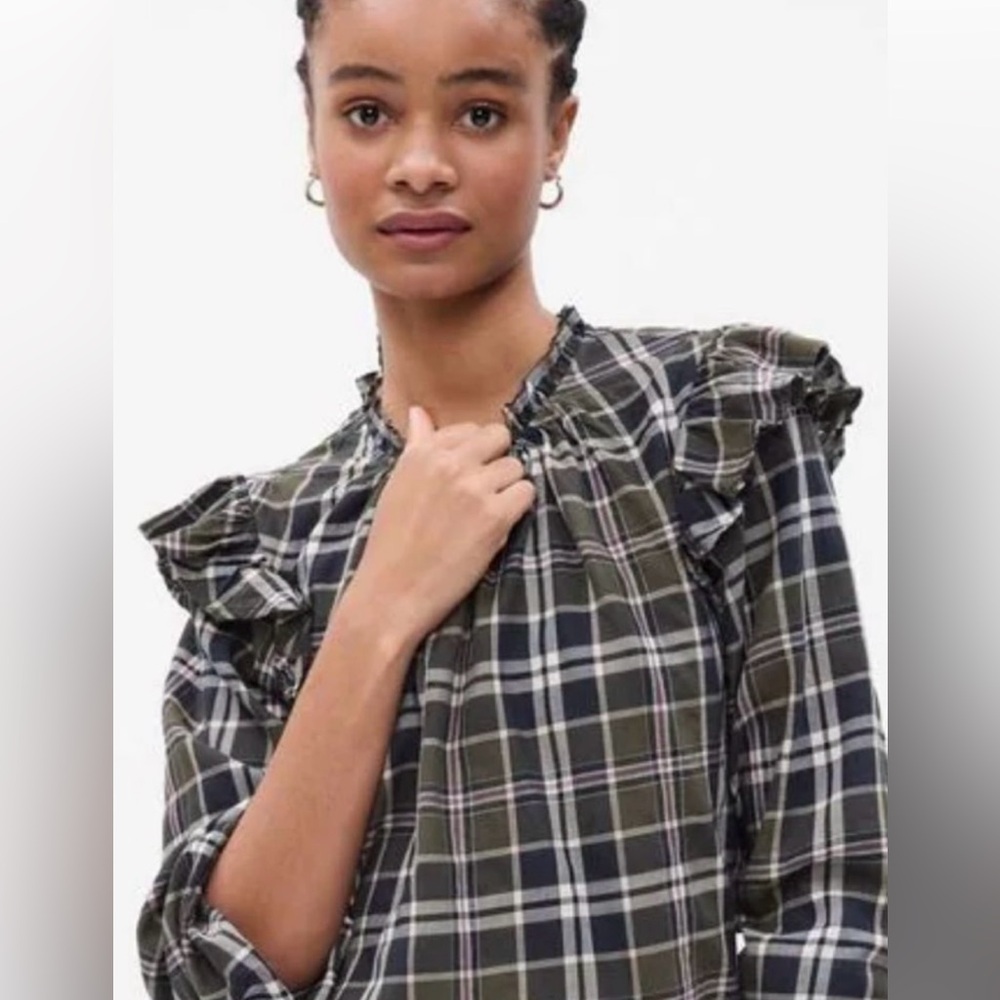 EUC Gap Plaid Olive Ruffle Blouse